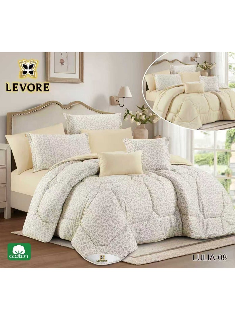 LEVORE 8-piece bedspread set, 100% soft cotton, floral pattern, double-sided, summer style, with filling and fastener, suitable for a 200x200 bed.