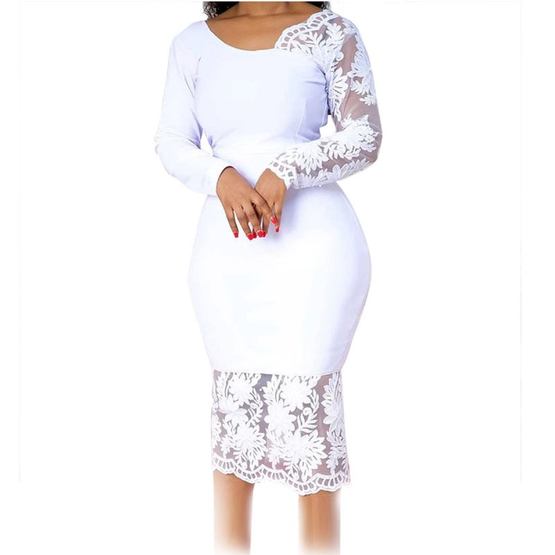 Cololura Women Elegant Floral Lace Patchwork Long Sleeve Evening Gown Party Cocktail Bodycon Dress White - Image 5
