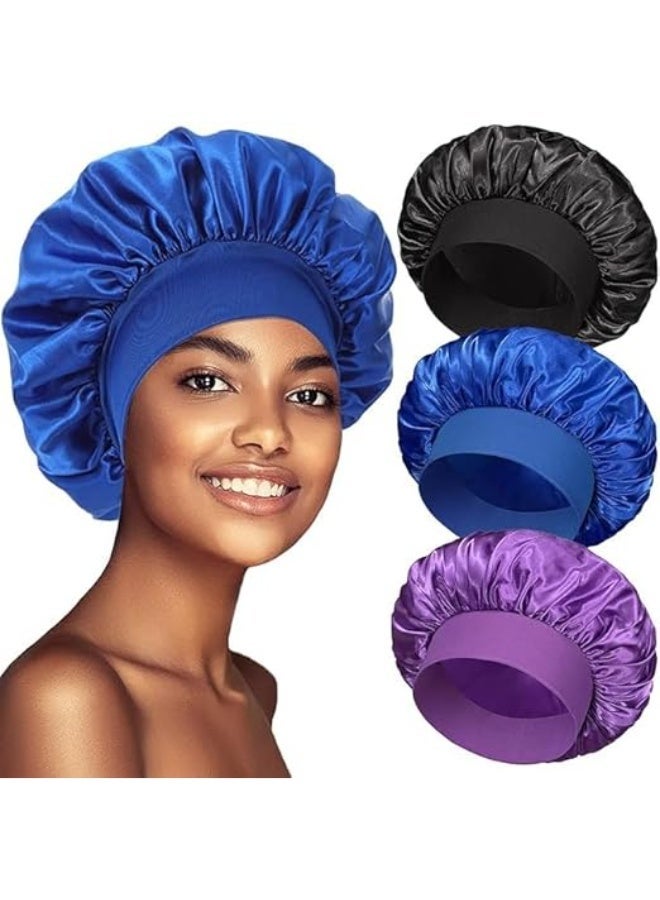 3 Pcs Satin Bonnet, Silk Bonnet for Sleeping, Black Women Hair Bonnet for Sleeping, Wide Soft Band Bonnet for Curly Hair, Protects Your Hair All Night, Soft, Smooth, for All Hairstyles - Image 1