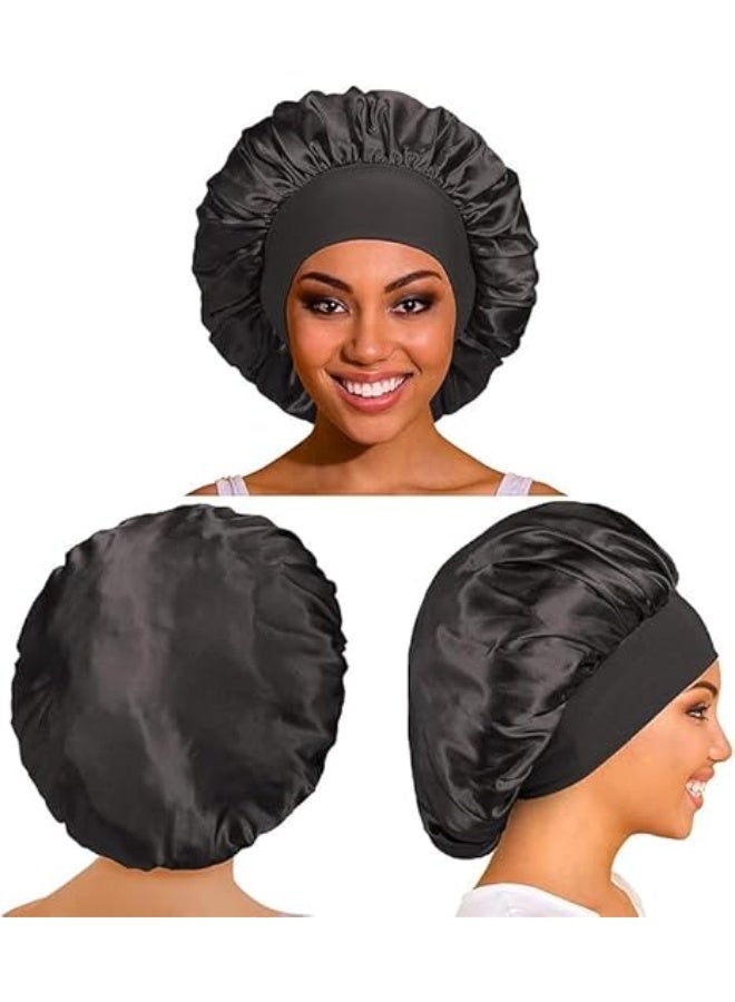 3 Pcs Satin Bonnet, Silk Bonnet for Sleeping, Black Women Hair Bonnet for Sleeping, Wide Soft Band Bonnet for Curly Hair, Protects Your Hair All Night, Soft, Smooth, for All Hairstyles - Image 3