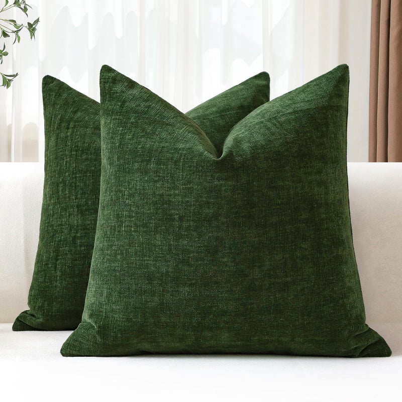 JOTOM Set of 2 Cushion Covers 60x60 cm Soft Chenille Green Decorative Throw Pillow Covers 24x24 Inch Square Cushion Case Solid Pillowcases for Couch Sofa Living Room Bed Home Decor Green