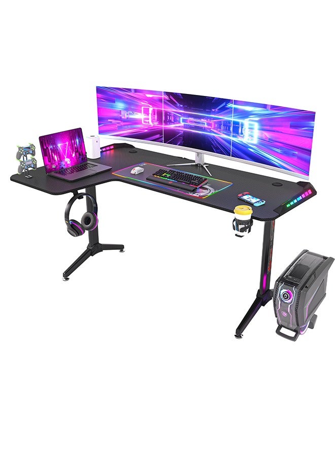 Computer Gaming Desk Table RGB LED L Shape Large Corner Carbon Fiber Black Desktop Gamer Desks with 6 Colors 8 Modes RGB Offer Cable Management Box Headphone Hook and Cup Holder Left 160 x 100cm - Image 1