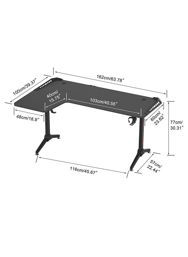 Computer Gaming Desk Table RGB LED L Shape Large Corner Carbon Fiber Black Desktop Gamer Desks with 6 Colors 8 Modes RGB Offer Cable Management Box Headphone Hook and Cup Holder Left 160 x 100cm - Image 2