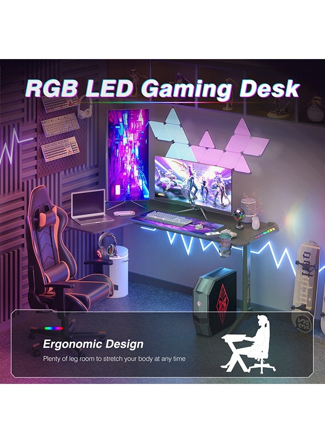 Computer Gaming Desk Table RGB LED L Shape Large Corner Carbon Fiber Black Desktop Gamer Desks with 6 Colors 8 Modes RGB Offer Cable Management Box Headphone Hook and Cup Holder Left 160 x 100cm - Image 5