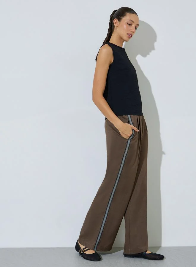 Styli Brown Solid Wide Leg Pants with Side Lace Detail