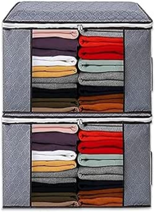 AMERTEER 2 Pack Zipper Storage Bags, Moving Bags for Closet King Comforter, Pillow, Quilt, Bedding, Clothes, Large Storage Bins with Large Clear Window & Carry Handles Space Saver (Grey)