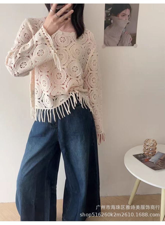Apricot Women's French Style Hollow Crochet Long Sleeve Knit Sweater, Autumn Loose Outerwear Top