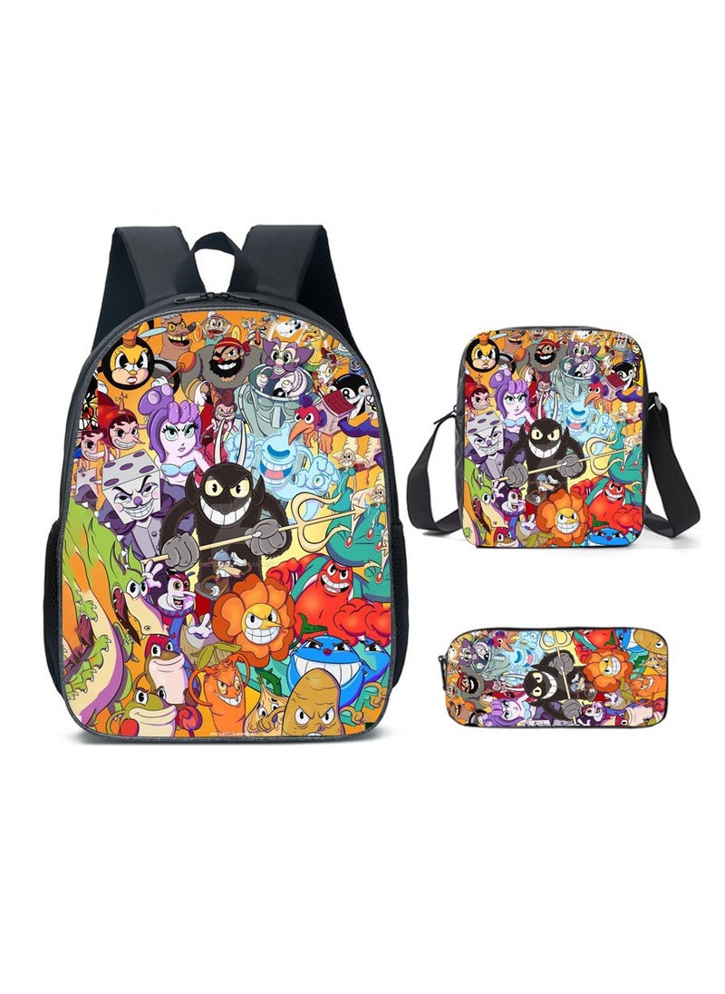 SKT Shiketro - Cuphead Student Schoolbag Cartoon Backpack Backpack 29*16*42CM + Shoulder Bag 19*6*23CM + Pen Bag 24*7*11CM Three-piece Set - Image 1