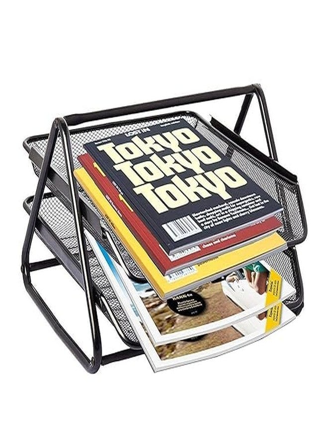 PERPART Desktop Magazine Holder Countertop Desk File Organizer 4 Compartments | Plastic Vertical File Dividers Book Holder & Cabinet Document Storage Rack (Black, Step Shelf) - Image 2
