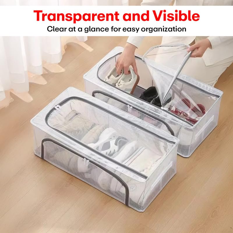 Prime Pick Shoe Storage Box Foldable PVC Nylon Organizer Transparent Wardrobe Storage Bin with Lid Front and Top Zipper Metal Frame Washable Clothes and Shoe Organizer Transparent Pack of 2 - Image 2