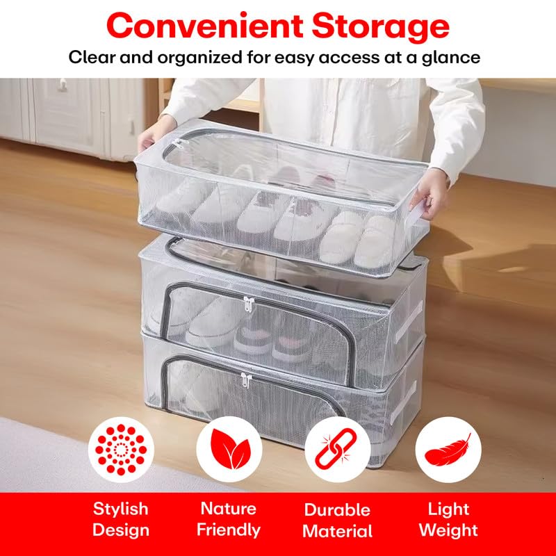 Prime Pick Shoe Storage Box Foldable PVC Nylon Organizer Transparent Wardrobe Storage Bin with Lid Front and Top Zipper Metal Frame Washable Clothes and Shoe Organizer Transparent Pack of 2 - Image 5
