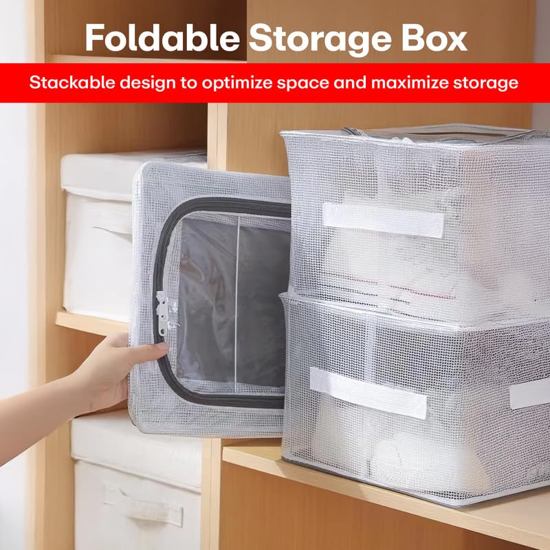 Prime Pick Shoe Storage Box Foldable PVC Nylon Organizer Transparent Wardrobe Storage Bin with Lid Front and Top Zipper Metal Frame Washable Clothes and Shoe Organizer Transparent Pack of 2 - Image 4