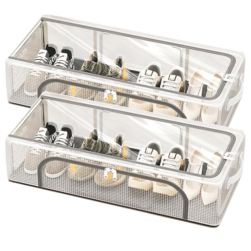 Prime Pick Shoe Storage Box Foldable PVC Nylon Organizer Transparent Wardrobe Storage Bin with Lid Front and Top Zipper Metal Frame Washable Clothes and Shoe Organizer Transparent Pack of 2 - Image 1