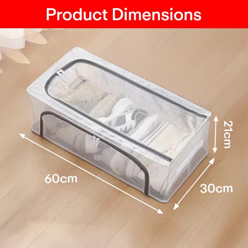 Prime Pick Shoe Storage Box Foldable PVC Nylon Organizer Transparent Wardrobe Storage Bin with Lid Front and Top Zipper Metal Frame Washable Clothes and Shoe Organizer Transparent Pack of 2 - Image 3