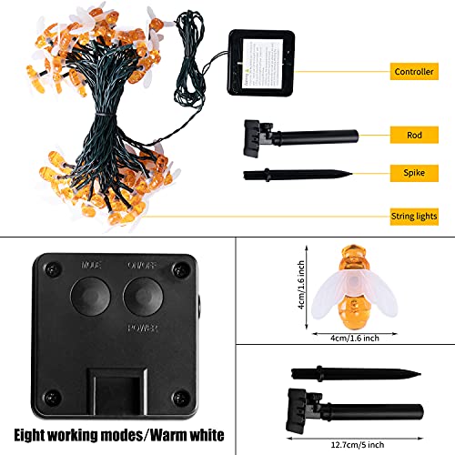 Brightown Solar Bee String Lights Outdoor 31FT 50 LED Honeybee Fairy Lights with 8 Lighting Modes, Waterproof Solar Bumble Bee for Patio Yard Garden Grass Wedding Christmas Party Decor, Warm White - Image 3