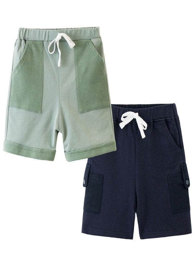Volunboy Toddler Boys Summer Beach Bottoms 4T 2 Pack Athletic Jogger Pull On Navy Waffle Patchwork Shorts (4-5T, Navy & Green) - Image 1