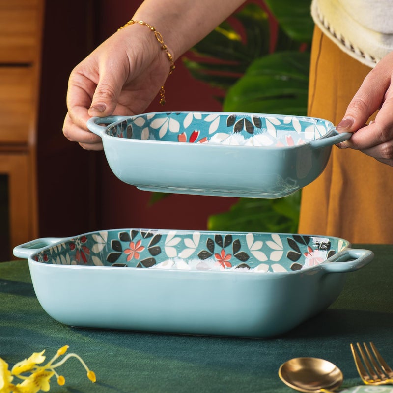 ONECCI ONCCI Ceramic Baking Dish Set, 2-Piece Hand-painted Porcelain Rectangular Bakware set with Handles,Large 10.55 * 7.4 inch and 7.87 * 5.4" Small Casserole Dish for Oven/Cooking/Kitchen(Misty Blue) - Image 5