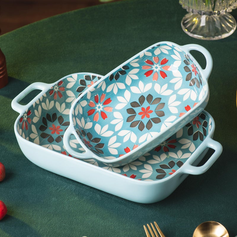 ONECCI ONCCI Ceramic Baking Dish Set, 2-Piece Hand-painted Porcelain Rectangular Bakware set with Handles,Large 10.55 * 7.4 inch and 7.87 * 5.4" Small Casserole Dish for Oven/Cooking/Kitchen(Misty Blue) - Image 4