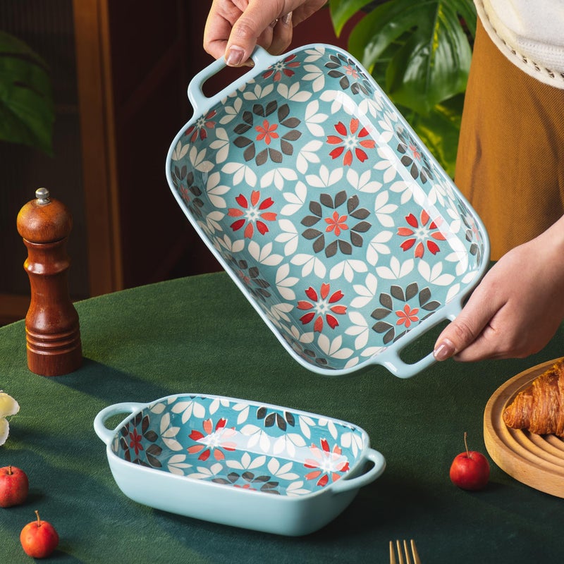 ONECCI ONCCI Ceramic Baking Dish Set, 2-Piece Hand-painted Porcelain Rectangular Bakware set with Handles,Large 10.55 * 7.4 inch and 7.87 * 5.4" Small Casserole Dish for Oven/Cooking/Kitchen(Misty Blue) - Image 3