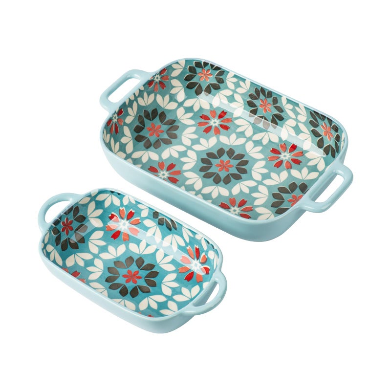 ONECCI ONCCI Ceramic Baking Dish Set, 2-Piece Hand-painted Porcelain Rectangular Bakware set with Handles,Large 10.55 * 7.4 inch and 7.87 * 5.4" Small Casserole Dish for Oven/Cooking/Kitchen(Misty Blue) - Image 1