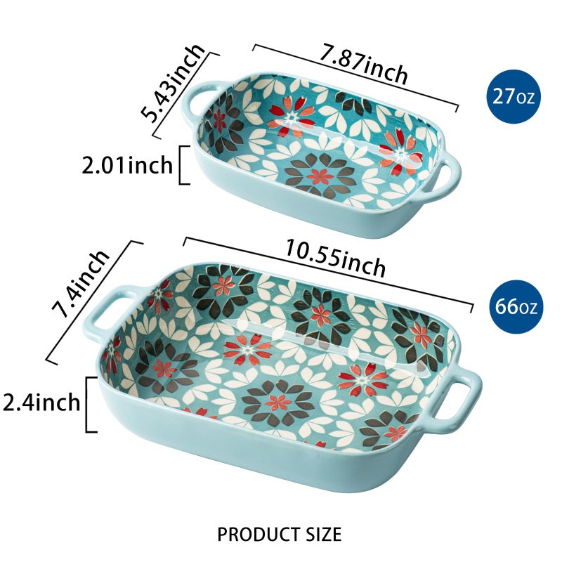 ONECCI ONCCI Ceramic Baking Dish Set, 2-Piece Hand-painted Porcelain Rectangular Bakware set with Handles,Large 10.55 * 7.4 inch and 7.87 * 5.4" Small Casserole Dish for Oven/Cooking/Kitchen(Misty Blue) - Image 2