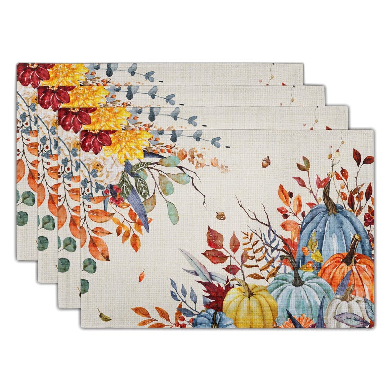 Giwawa Fall Thanksgiving Placemats Set of 4 Watercolor Autumn Pumpkins Floral Linen Table Mats 12x18 Inch Washable Heat Resistance for Kitchen Dining Farmhouse Holiday Decor - Image 1
