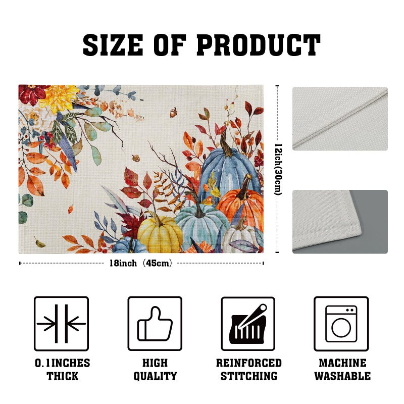 Giwawa Fall Thanksgiving Placemats Set of 4 Watercolor Autumn Pumpkins Floral Linen Table Mats 12x18 Inch Washable Heat Resistance for Kitchen Dining Farmhouse Holiday Decor - Image 4