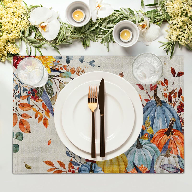 Giwawa Fall Thanksgiving Placemats Set of 4 Watercolor Autumn Pumpkins Floral Linen Table Mats 12x18 Inch Washable Heat Resistance for Kitchen Dining Farmhouse Holiday Decor - Image 3