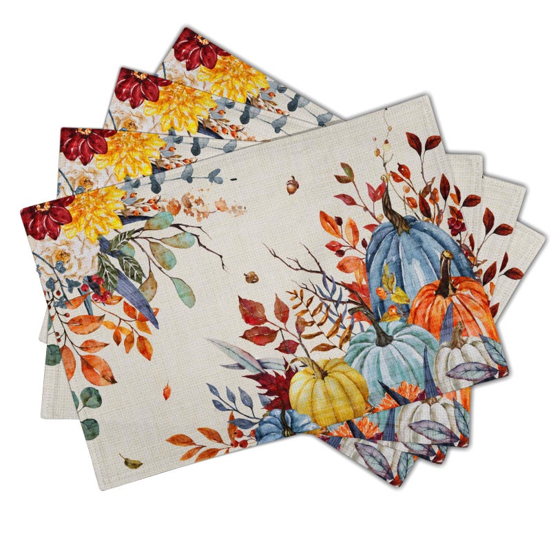 Giwawa Fall Thanksgiving Placemats Set of 4 Watercolor Autumn Pumpkins Floral Linen Table Mats 12x18 Inch Washable Heat Resistance for Kitchen Dining Farmhouse Holiday Decor - Image 2