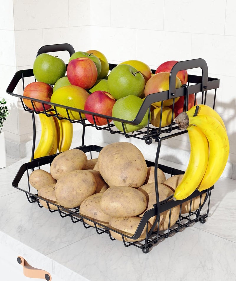 OKZEST 2-Tier Fruit Basket for Kitchen Counter with 2 Banana Hangers, Hanging Fruit Storage Basket Stand, Metal Fruit Organizer Bowl with Handles for Storage Potato Onion Bread Snack Vegetable - Image 1