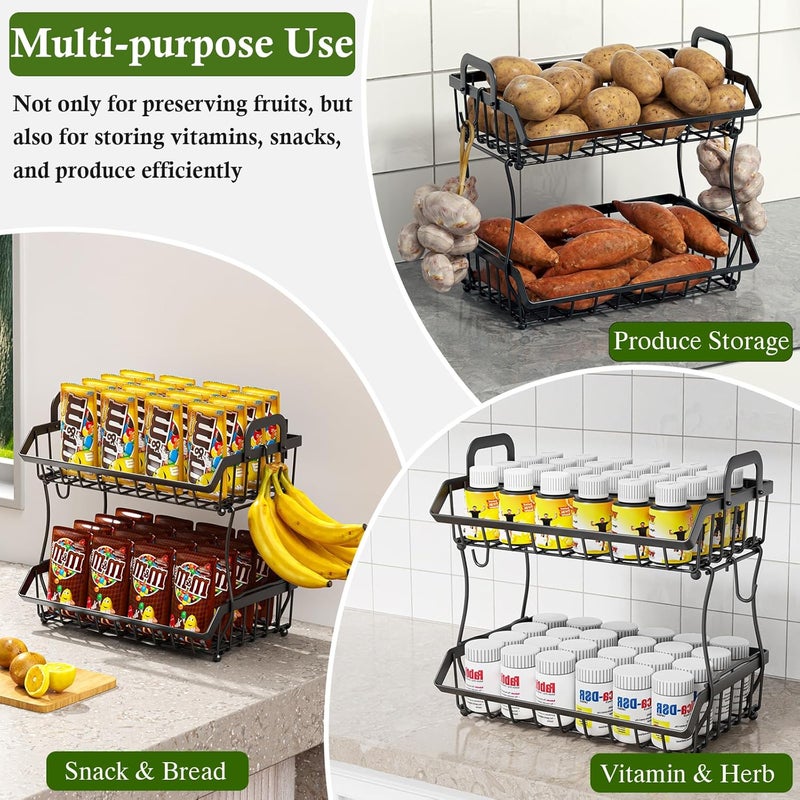 OKZEST 2-Tier Fruit Basket for Kitchen Counter with 2 Banana Hangers, Hanging Fruit Storage Basket Stand, Metal Fruit Organizer Bowl with Handles for Storage Potato Onion Bread Snack Vegetable - Image 4