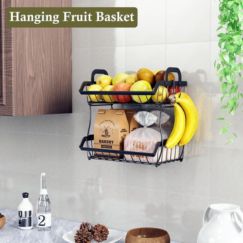 OKZEST 2-Tier Fruit Basket for Kitchen Counter with 2 Banana Hangers, Hanging Fruit Storage Basket Stand, Metal Fruit Organizer Bowl with Handles for Storage Potato Onion Bread Snack Vegetable - Image 5