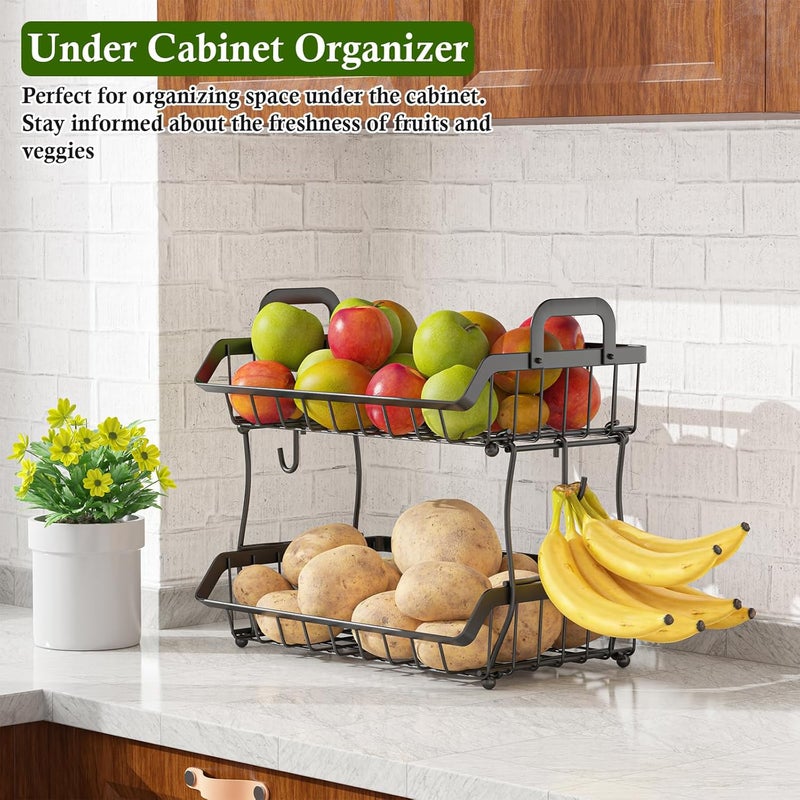 OKZEST 2-Tier Fruit Basket for Kitchen Counter with 2 Banana Hangers, Hanging Fruit Storage Basket Stand, Metal Fruit Organizer Bowl with Handles for Storage Potato Onion Bread Snack Vegetable - Image 2