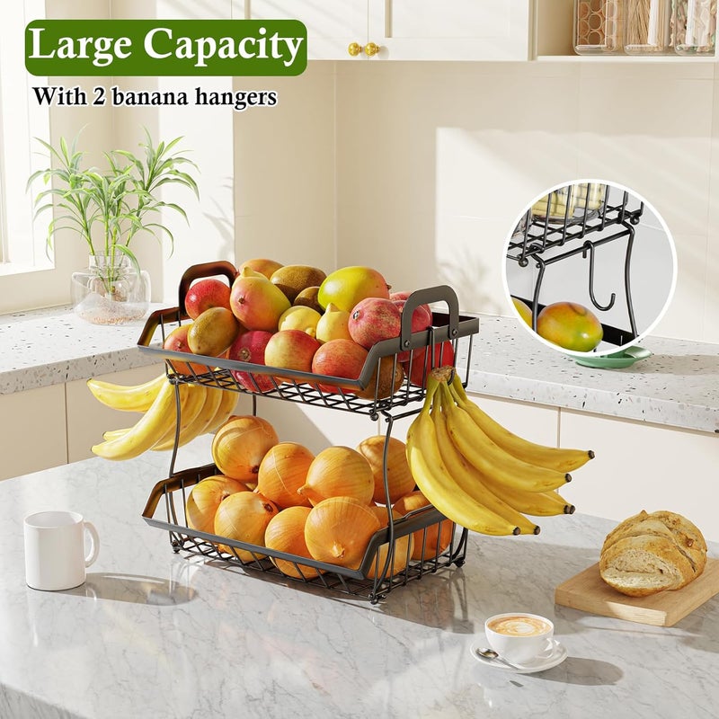 OKZEST 2-Tier Fruit Basket for Kitchen Counter with 2 Banana Hangers, Hanging Fruit Storage Basket Stand, Metal Fruit Organizer Bowl with Handles for Storage Potato Onion Bread Snack Vegetable - Image 3