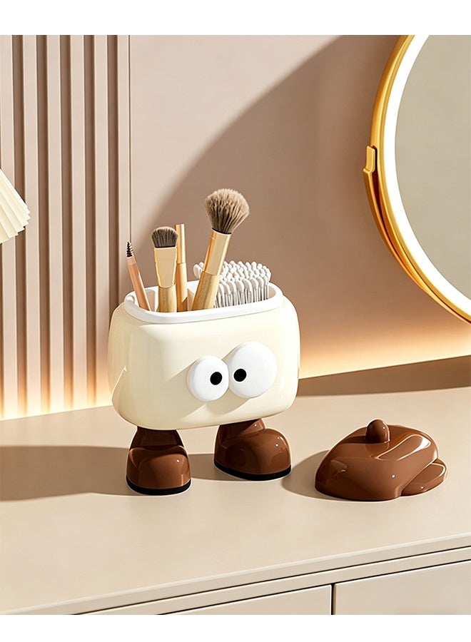 Cute Cartoon Desktop Storage Box with Lid, Multifunctional Makeup Organizer, Dust‑Proof Compartment Storage Container for Makeup Brushes, Cotton Swabs, Stationery, Small Accessories for Home Bedroom Table Decor - Image 1