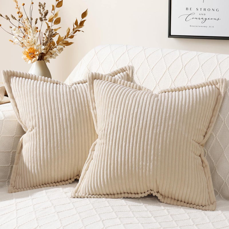 Mecatny Corduroy Pillow Covers 16x16 Inch Set of 2  Striped Decorative Square Spring Throw Pillow Covers with Wide Border for Couch Living Room Bed  Beige - Image 1