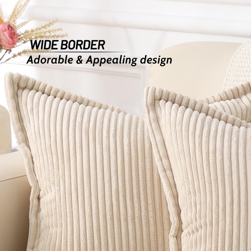 Mecatny Corduroy Pillow Covers 16x16 Inch Set of 2  Striped Decorative Square Spring Throw Pillow Covers with Wide Border for Couch Living Room Bed  Beige - Image 4