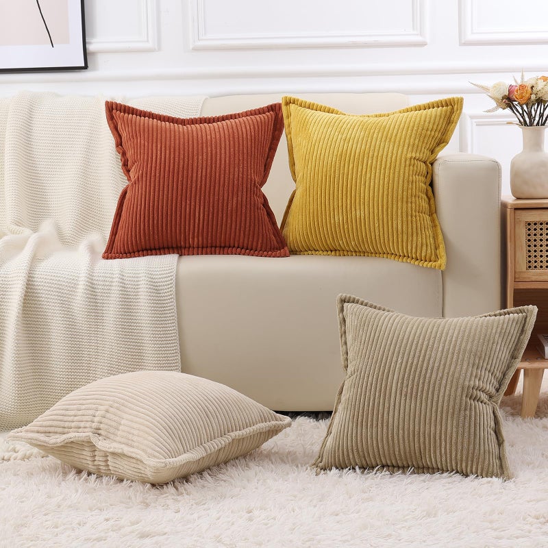 Mecatny Corduroy Pillow Covers 16x16 Inch Set of 2  Striped Decorative Square Spring Throw Pillow Covers with Wide Border for Couch Living Room Bed  Beige - Image 5