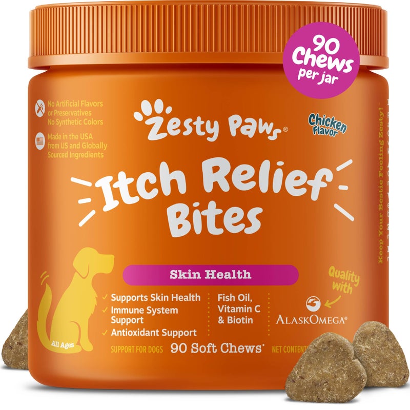 Zesty Paws Itch Relief for Dogs - Chews for Itching Skin & Coat - Omega-3 Fish Oil with EPA & DHA - Dog Allergy Relief Chews Supplement - Vitamin C & E Antioxidant Support - Chicken Flavor - 90 Count - Image 1