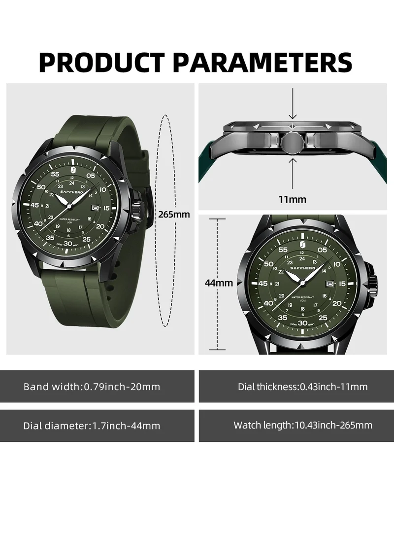 Sapphero  SAPPHERO Men's Silicone Waterproof Watch 5ATM Japanese Quartz Movement Stainless Steel Case Men's Watch Date Design Sport Casual Business Best Gift for Men for Men | Best Price UAE