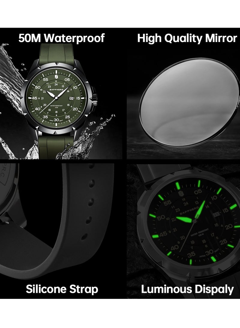 SAPPHERO Men's Silicone Waterproof Watch 5ATM Japanese Quartz Movement Stainless Steel Case Men's Watch Date Design Sport Casual Business Best Gift for Men - Image 5