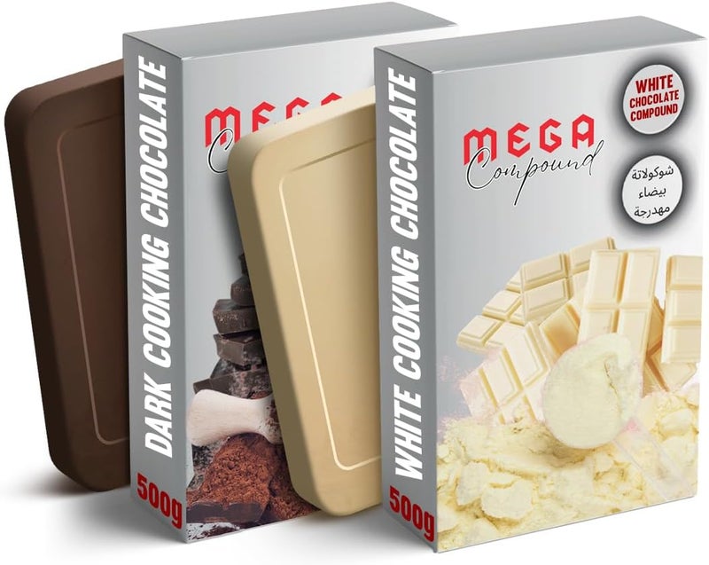 MEGA FOODS Mega Dark Chocolate & White Chocolate Compound Bars 500g + 500g Pack - Premium Cooking Chocolate for Baking, Desserts, Cakes, Cookies, and Confectionery - Image 1