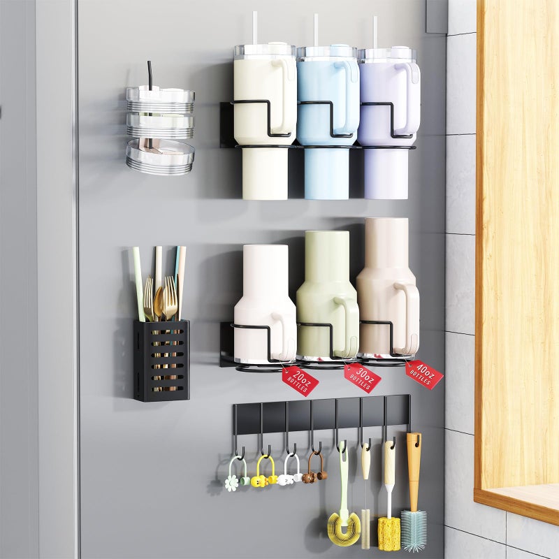 Aufworld Magnetic Cup Holder for Fridge, Aufworld Tumbler Organizer with 8-Hook Rack, Fits 20/30/40 oz Stanley Cups, Accessory Storage with Lid & Straw Holder, Water Bottle Organizer for Kitchen Refrigerator - Image 1