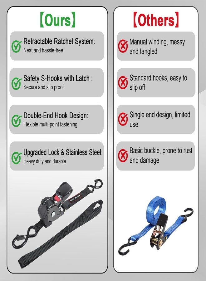 Masterwise Retractable Ratchet Straps, Motorcycle Tie Down Straps with S Hooks, Self Heavy Duty Ratchet Straps Include Loops for Trucks, Cargo, Motorcycles, Moving and Storage (1" x12'-4pcs) - Image 3
