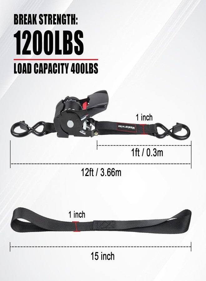 Masterwise Retractable Ratchet Straps, Motorcycle Tie Down Straps with S Hooks, Self Heavy Duty Ratchet Straps Include Loops for Trucks, Cargo, Motorcycles, Moving and Storage (1" x12'-4pcs) - Image 2