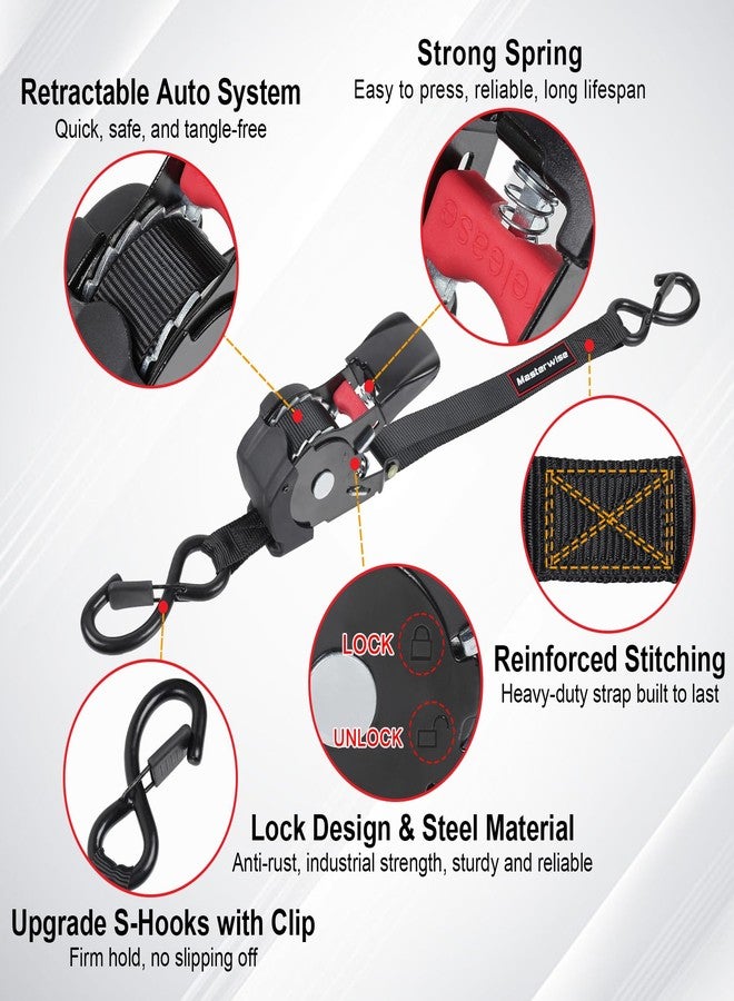 Masterwise Retractable Ratchet Straps, Motorcycle Tie Down Straps with S Hooks, Self Heavy Duty Ratchet Straps Include Loops for Trucks, Cargo, Motorcycles, Moving and Storage (1" x12'-4pcs) - Image 4