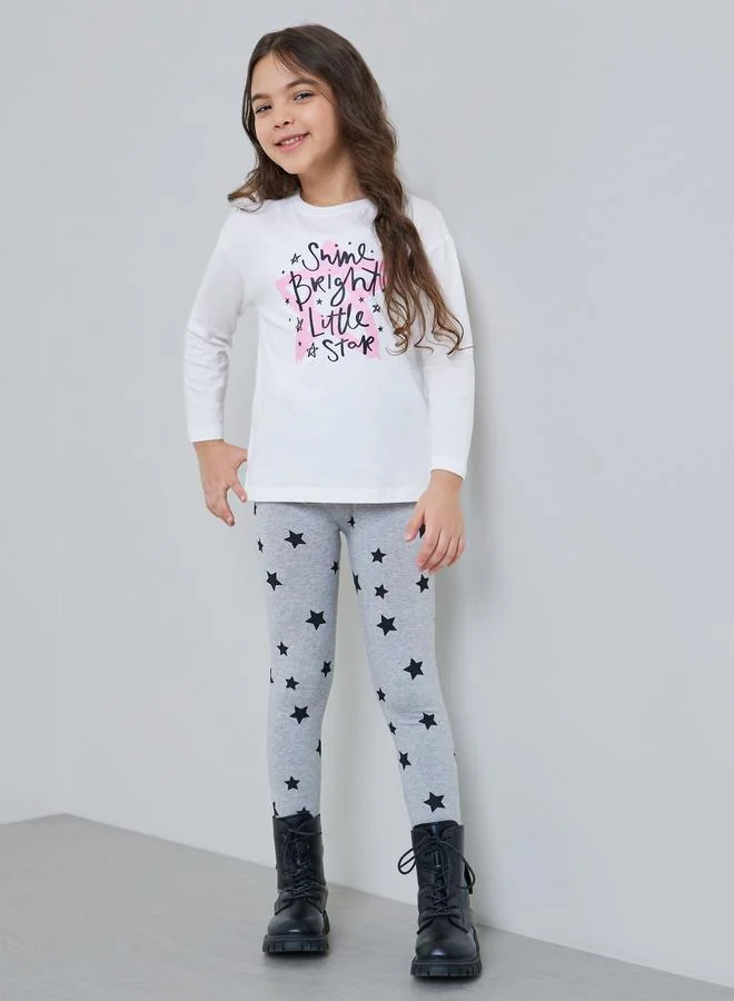 Styli Girls Cotton Graphic T-Shirt and Star Print Leggings Set