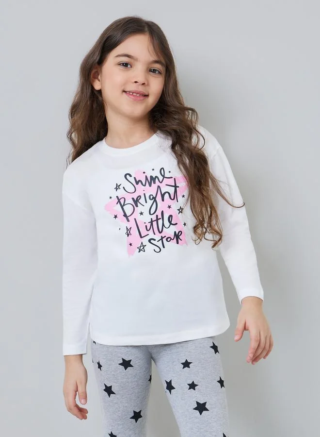 Styli Girls Cotton Graphic T-Shirt and Star Print Leggings Set