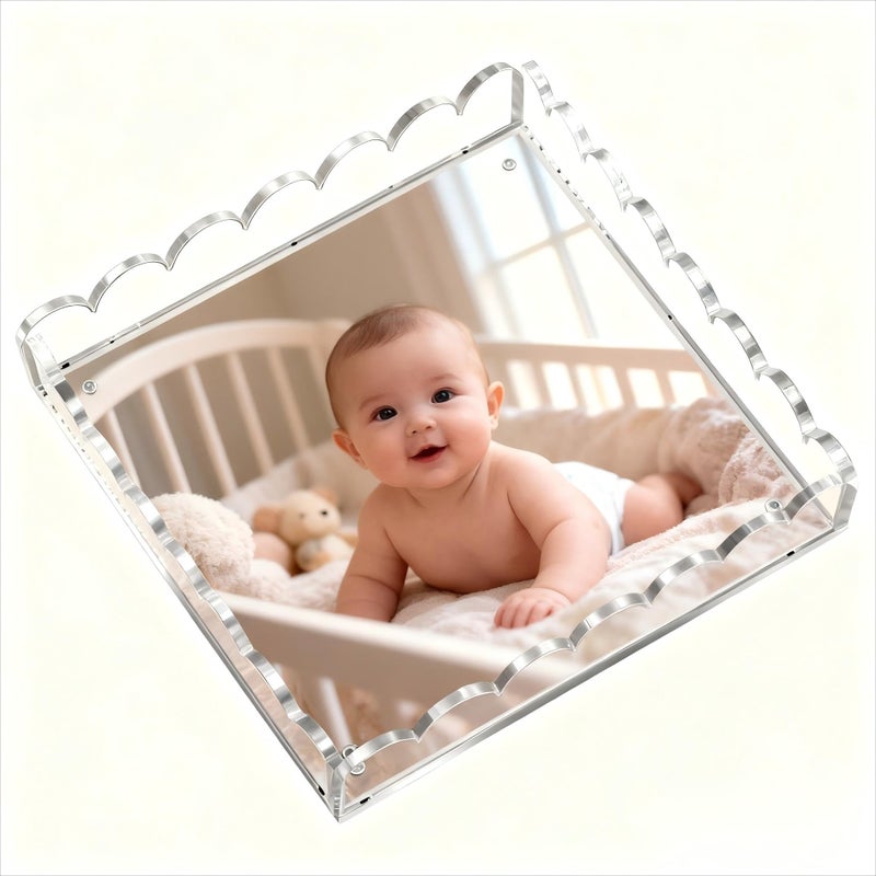 Quincry Acrylic Trays for Display,Scalloped Magnetic Tray with Changeable Photo Inserts,Scalloped Acrylic Picture Frame, 8x8in (8"x 8") - Image 1