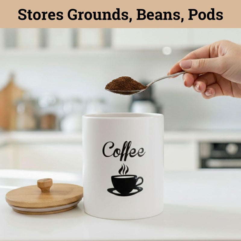 HB Design Co. Ceramic Coffee Canister - 12 oz White Airtight Canister - 5 x 6 inch Coffee Bean Storage Container - Stylish Countertop Container for Grounds, Beans, Pods & More with Rubber-Lined Bamboo Lid - Image 5